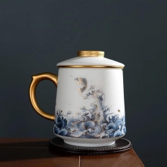精品釉烧羊脂玉白瓷带盖过滤泡茶杯办公室主人陶瓷水杯子礼品家用