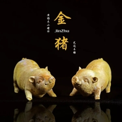 艺达木雕 金猪黄杨木小摆件一对